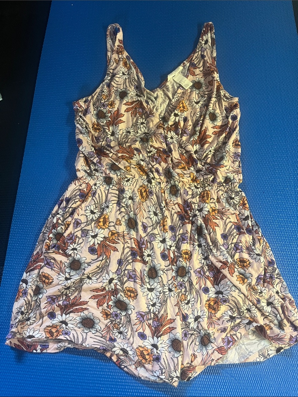 H&M Cream Floral V-Neck Sleeveless Romper with Purple and Orange Accents